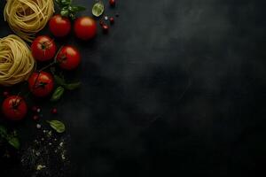 Fresh tomatoes, raw pasta, basil leaves, and condiments lay elegantly on a dark backdrop photo