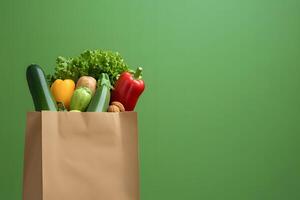 Fresh vegetables and walnuts fill a brown paper bag, set against a green backdrop photo