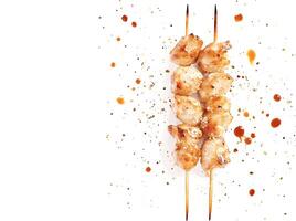 Glazed chicken skewers display savory sesame seasoning and sauce against a stark white backdrop photo