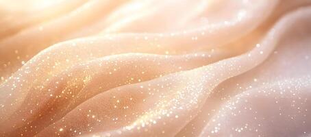 Glimmering bokeh lights delicately cascade across a soft, light peach silk fabric in the image photo