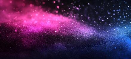 Glittering pink and blue sparkles create a vibrant cosmic dust field abstractly, with soft gradient photo
