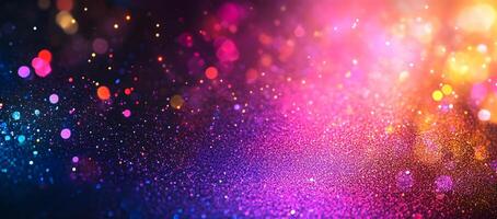 Glowing multicolored glitter particles create a stunning cosmic, light filled and sparkling abstract background photo