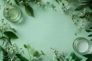 Green background displays clear jars with creamy liquid bordered by leaves and white flowers photo