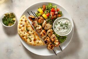 Grilled chicken skewers rest elegantly with fresh salad, flatbread, and tzatziki sauce on plate photo