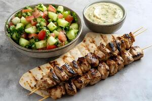 Grilled chicken skewers rest upon flatbread alongside a cucumber tomato salad and sauce bowl photo