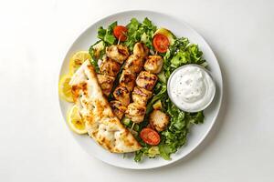 Grilled chicken skewers with naan bread, salad, lemon, and creamy dip on white background photo