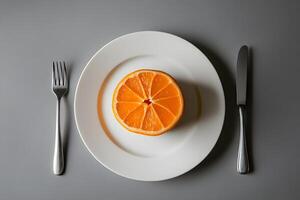 Half an orange sits plated with silverware on a simple gray background ready to eat photo
