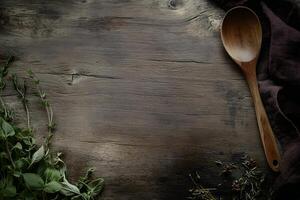 Herbs, spices, and wooden spoon rest on an old rustic wood table surface photo