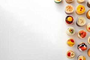Many different dessert cups are aligned on the right side over white backdrop photo