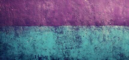 Old grungy wall displays textured surfaces painted with purple and teal in a horizontal view photo