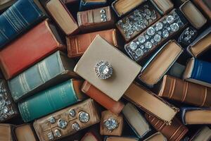 Old colorful books adorned with sparkling gems are piled, creating a dazzling, textured pattern photo