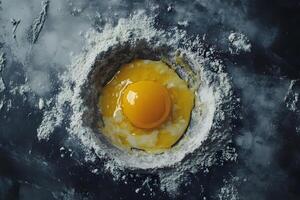 Overhead captures bright yellow egg yolk nestled perfectly within a mound of fine white flour photo