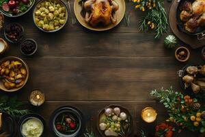 Overhead shot shows a delicious autumn harvest meal beautifully displayed on a rustic wooden table photo