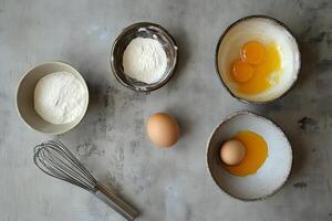 Overhead view reveals bowls with flour, unbroken eggs, and yolks ready for mixing photo