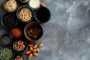 Overhead view showcases bowls filled with assorted ingredients on a textured grey surface, creating a balanced composition photo