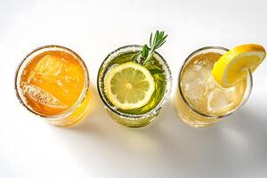 Overhead view shows three vibrant citrus cocktails with sugar rim on white background photo