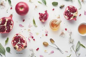 Pomegranates, apple, honey, and flowers are displayed beautifully together on the white surface photo