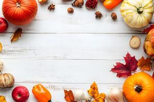 Pumpkins, apples, and gourds create a vibrant autumn border on a rustic wooden surface photo