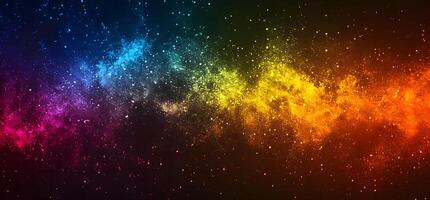 Rainbow colored powder explodes creating a vibrant and mesmerizing cosmic dust cloud in the dark sky photo