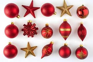 Red and gold Christmas ornaments with star shapes are neatly arranged on white photo