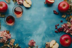 Red apples, halved apples, pomegranate seeds and flowers arranged on a textured blue table top create a pattern photo