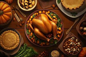 Roasted turkey alongside vibrant vegetables and pies forms a captivating Thanksgiving feast on wooden table photo