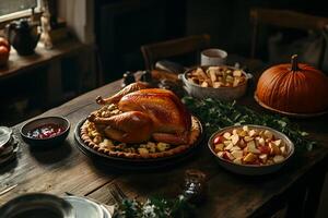 Roasted turkey with pie crust and pumpkin features a rustic Thanksgiving table setting photo