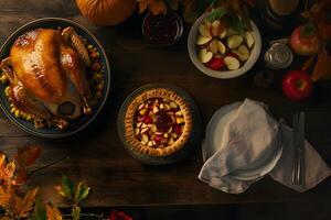 Roasted turkey, apple pie, and pumpkin grace a warm, inviting autumnal holiday dining table photo
