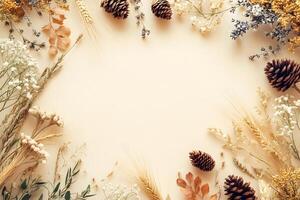 Rustic autumn frame features pine cones, dried flowers and wheat on a cream background photo