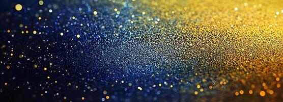 Shimmering textures of gold and blue intermingle creating an abstract gradient with sparkling bokeh lights photo