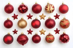 Shiny red and gold Christmas balls with stars decorate a bright, clean white background photo