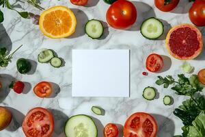 Sliced fresh vegetables and fruits surround a blank white card on marble background photo