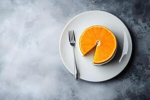 Sliced orange fruit displays vibrant color on a white plate, along with a fork photo
