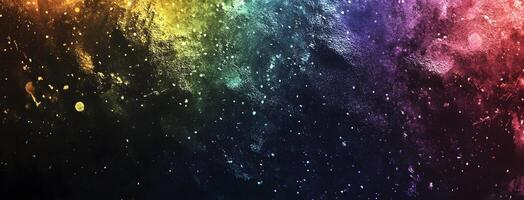 Spectrum hues cascade across the textured dark backdrop with glittery splatters in this cosmic display photo