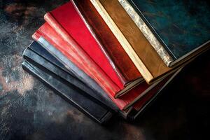 Stacked colorful leather bound books showcase different patterns and designs on the textured table photo