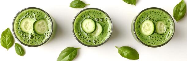 Three glasses display cucumber slices floating within a bright green smoothie, amidst scattered basil leaves photo
