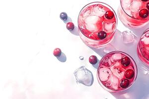 Top view shows cranberry juice with ice cubes and cranberries on white background photo