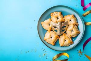 Triangular hamantaschen pastries encircle a glittery carnival mask on a blue plate with confetti and ribbons photo