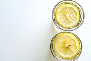 Two glass beverages showcase vibrant lemon slices embraced by effervescent bubbles on a white surface photo