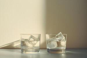 Two glasses hold water with floating ice cubes under sunlight, creating shadows on the neutral background photo