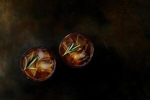 Two glasses of dark liquor with ice and rosemary sit on a rustic surface photo