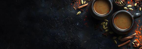 Two rustic cups of chai masala tea grace a textured dark background with spices photo