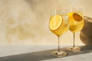 Two tall sparkling drinks with ice and lemon slices stand beautifully beside textured wall photo