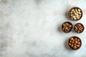 Variety of nuts like walnuts and almonds are placed in bowls on white surface photo