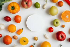 Various colorful fruits and vegetables surround a white circle on clean background, forming an inviting arrangement photo