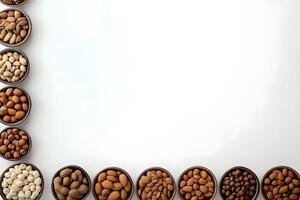 Various nuts fill wood bowls, creating a border against white empty space photo