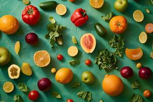 Vibrant assortment of fresh fruits and vegetables are arranged on a textured turquoise surface photo