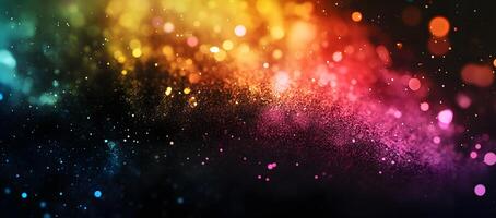 Vibrant bokeh sparkles with a gradient of blue, yellow, orange, and red against a dark backdrop photo