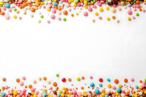 Vibrant colorful candy frames a blank white space perfect for your sweet message photo