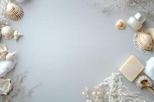White background features seashells, cream jar, soap, small towel, and decorative flowers in sunlight photo
